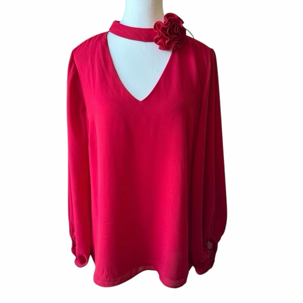 CeCe Red Blouse with Floral Detail.